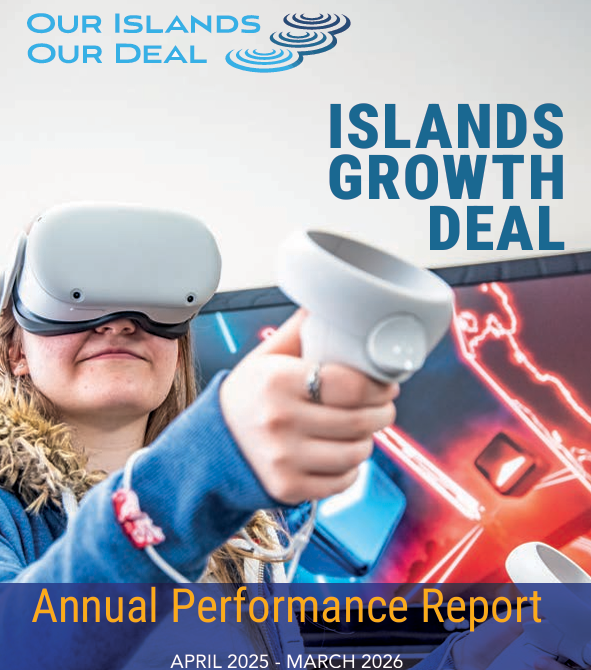 Image of the front page of the Annual report showing a girl using virtual reality headset
